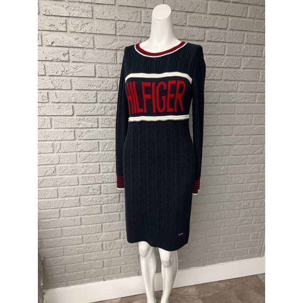 Tommy Hilfiger Women Navy Long Sleeve Logo Cable Knit Sweater Dress Size S